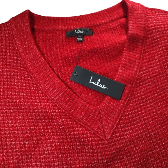 Lulus Sweaters - New Chunky Knit Sweater V Neck Relaxed Red Long Sleeve Womens Extra Large Tags